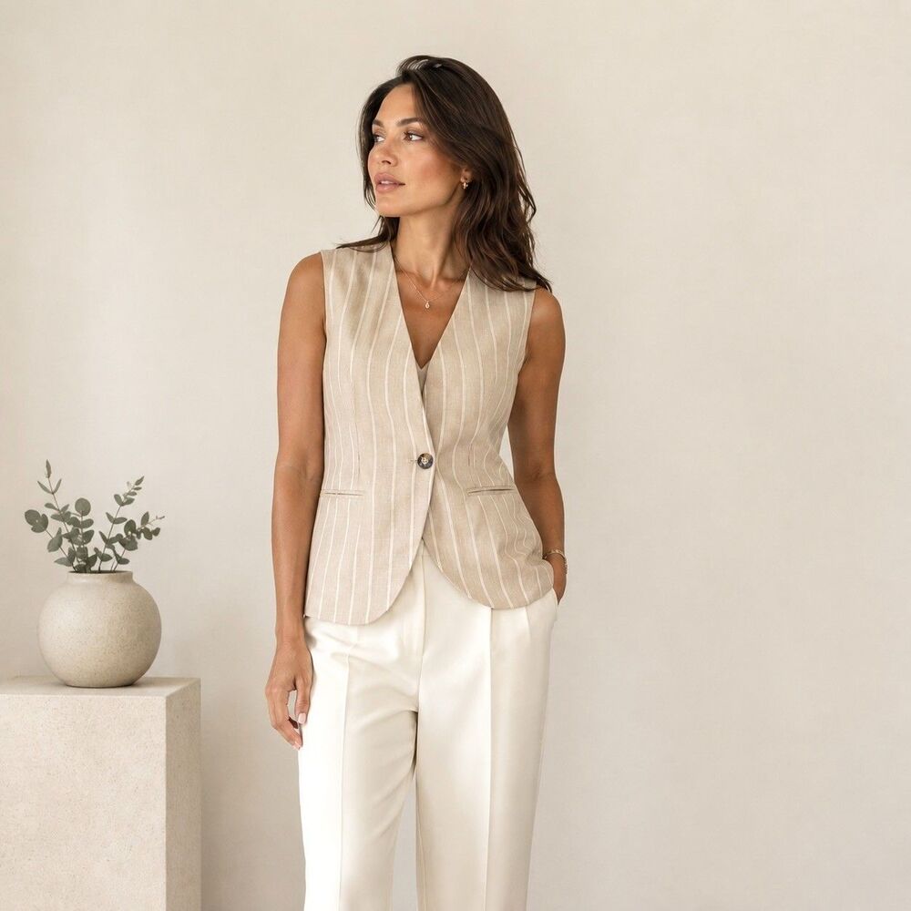Ann Taylor Linen Blend Pinstripe Vest Blazer Beige Sz 4 Tailored Old Money NWT